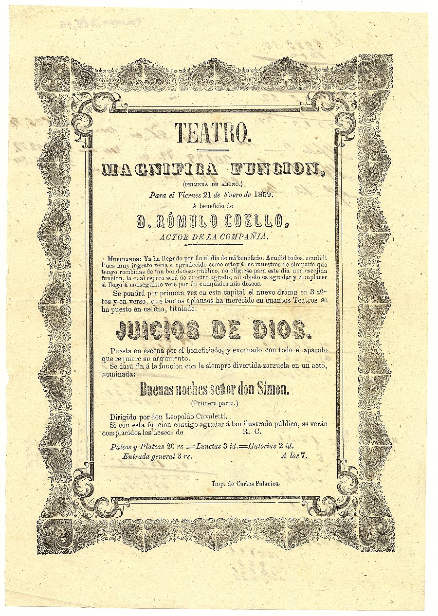 Cartel anunciador de la función a beneficio del actor Rómulo Coello, a celebrar en Murcia el 21 de enero de 1859.