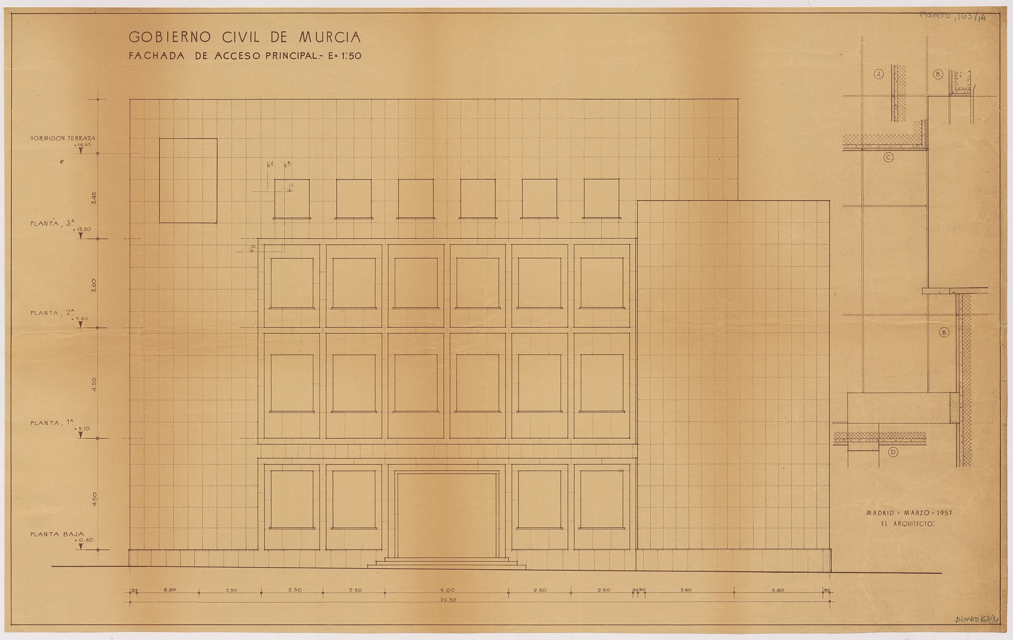 Plano de la fachada de acceso principal del edificio del Gobierno Civil de Murcia.
