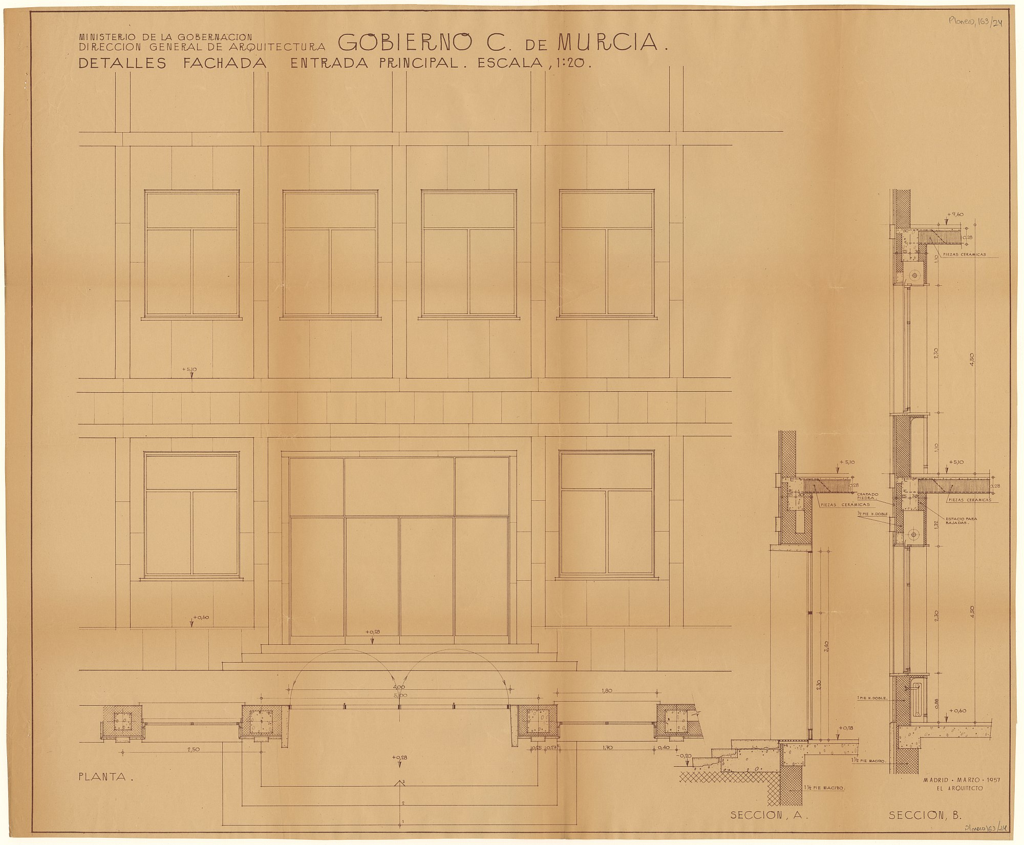 Plano de detalles de la fachada de la entrada principal del edificio del Gobierno Civil de Murcia.