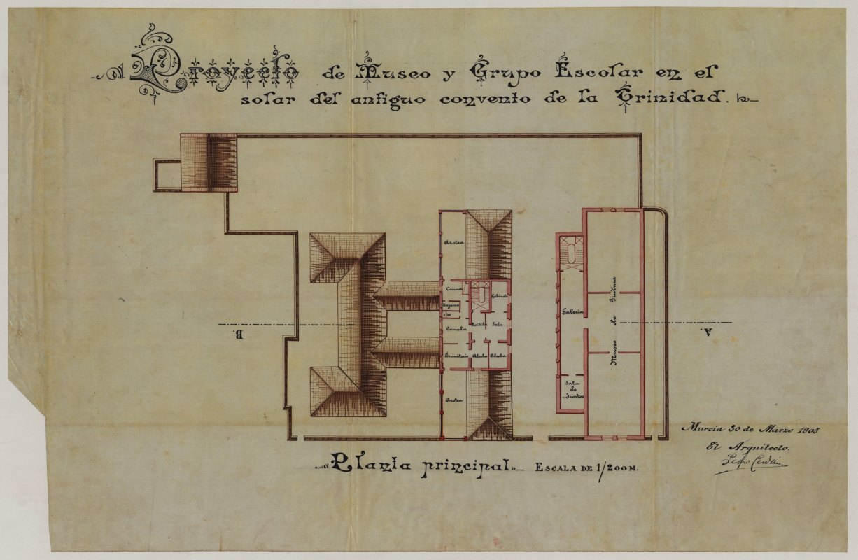 Plano de la planta principal del proyecto de museo y grupo escolar en el solar del antiguo convento de la Trinidad de Murcia, de Pedro Cerdán