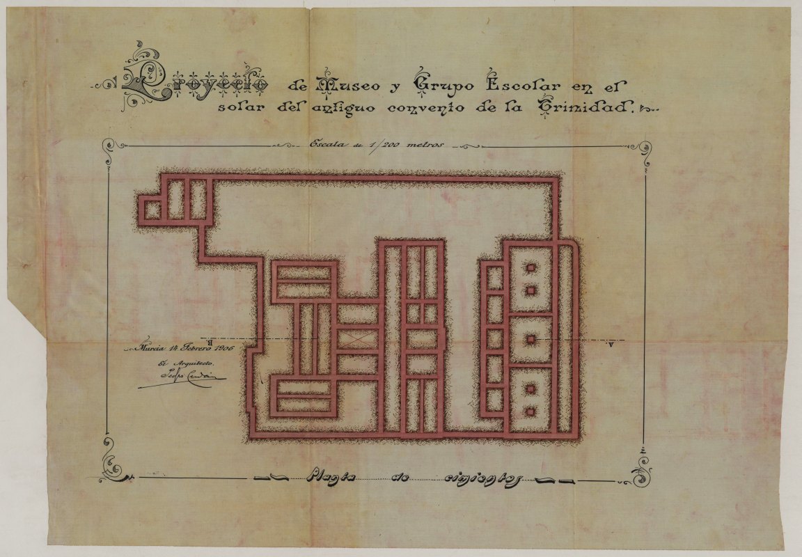 Plano de la planta de cimientos del proyecto de museo y grupo escolar en el solar del antiguo convento de la Trinidad de Murcia, de Pedro Cerdán