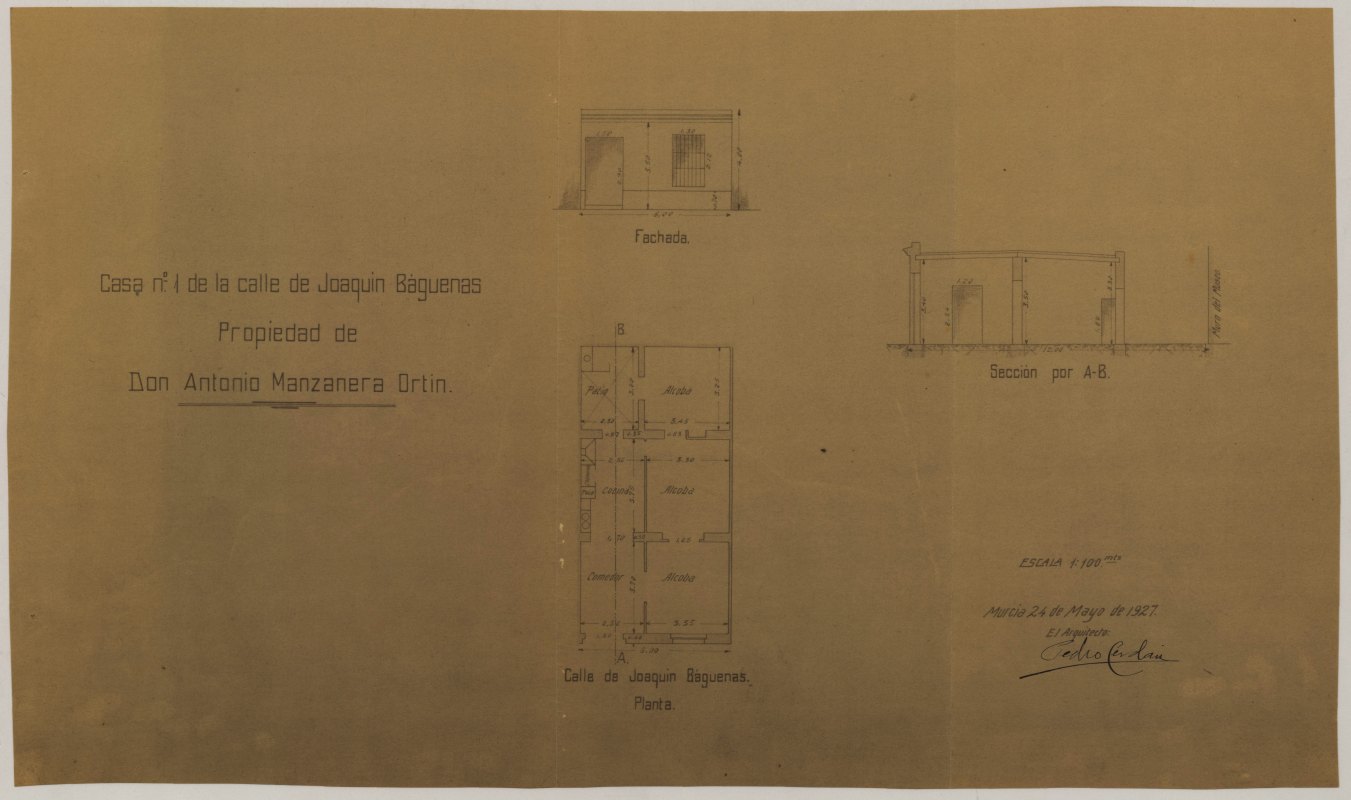 Planos de las casas a expropiar y del proyecto de ampliación del Museo Provincial de Murcia, de Pedro Cerdán. Año 1927