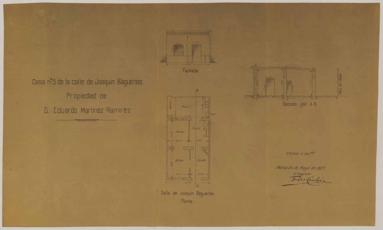 Plano de la casa nº 5 de la calle de Joaquín Báguenas (sic) de Murcia, propiedad de don Eduardo Martínez Ramírez