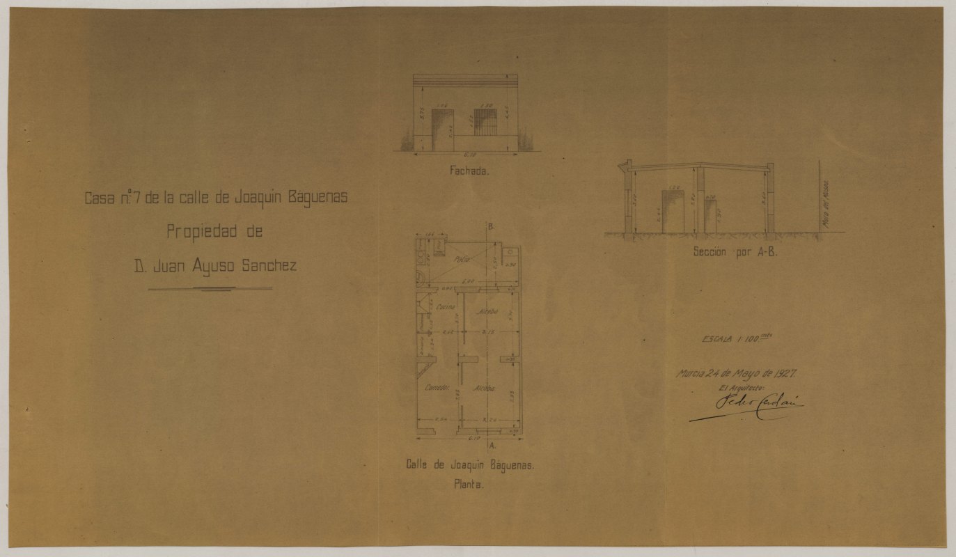Plano de la casa nº 7 de la calle de Joaquín Báguenas (sic) de Murcia, propiedad de Juan Ayuso Sánchez