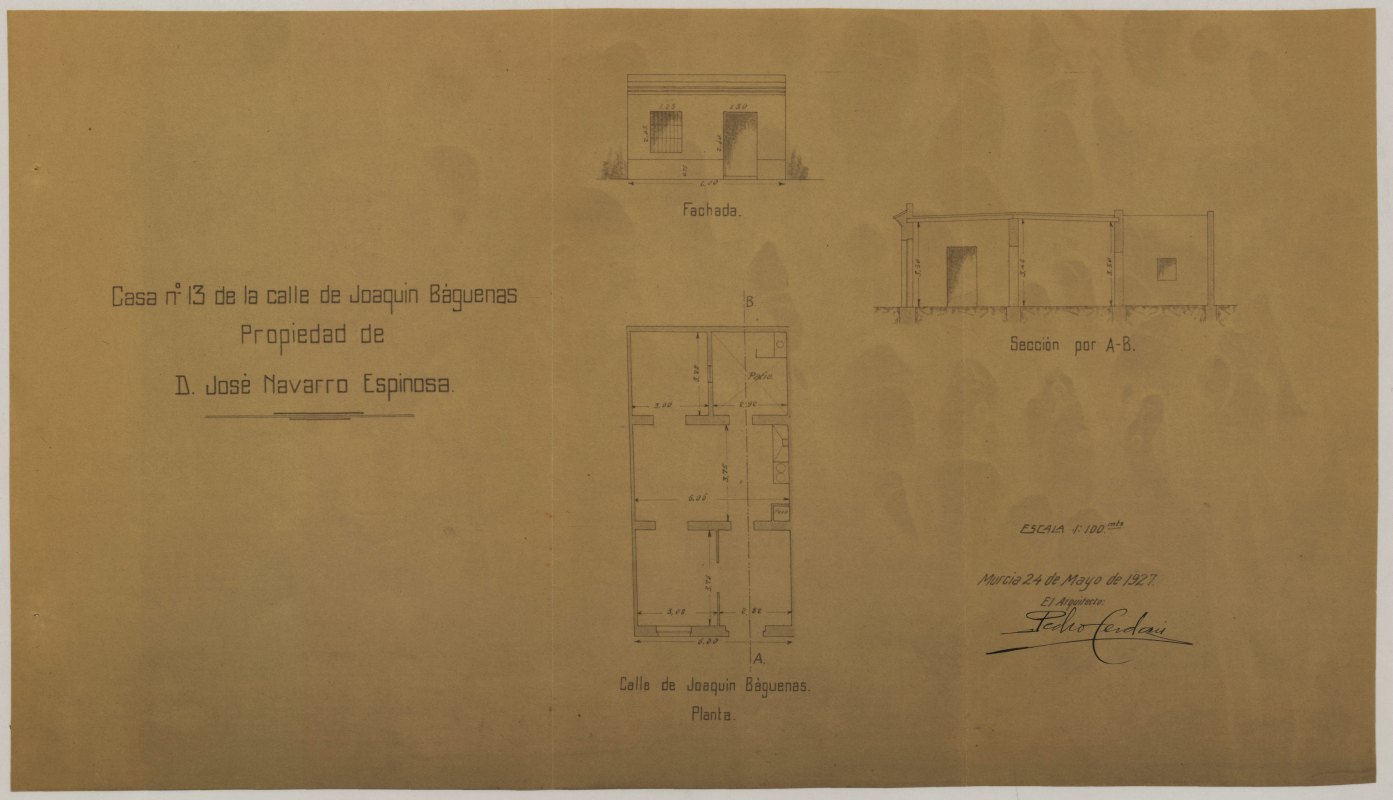 Plano de la casa nº 13 de la calle de Joaquín Báguenas (sic) de Murcia, propiedad de don José Navarro Espinosa