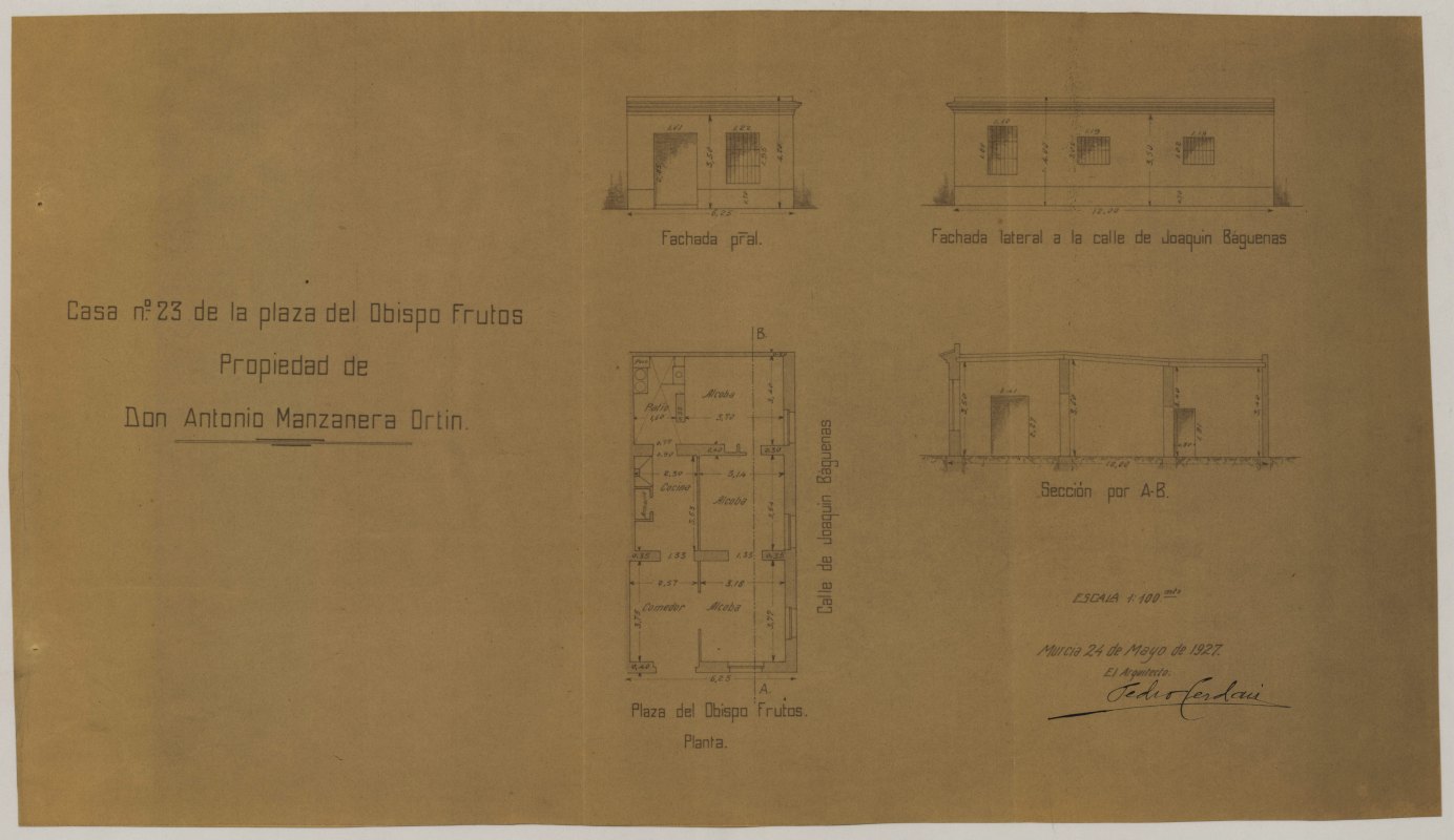 Plano de la casa nº 23 de la plaza del Obispo Frutos de Murcia, propiedad de don Antonio Manzanera Ortín