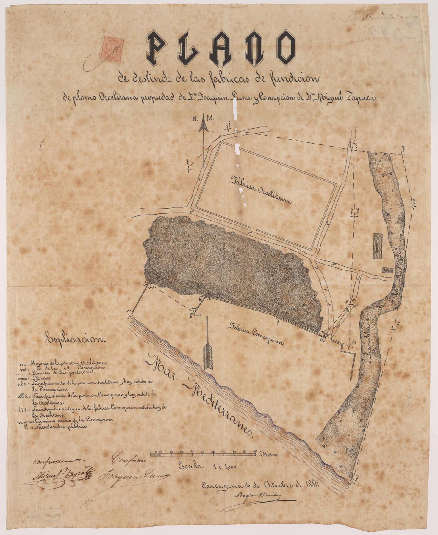 Plano de deslinde de las fábricas de fundición de plomo Orcelitana propiedad de don Joaquín Luna y Concepción de don Miguel Zapata.