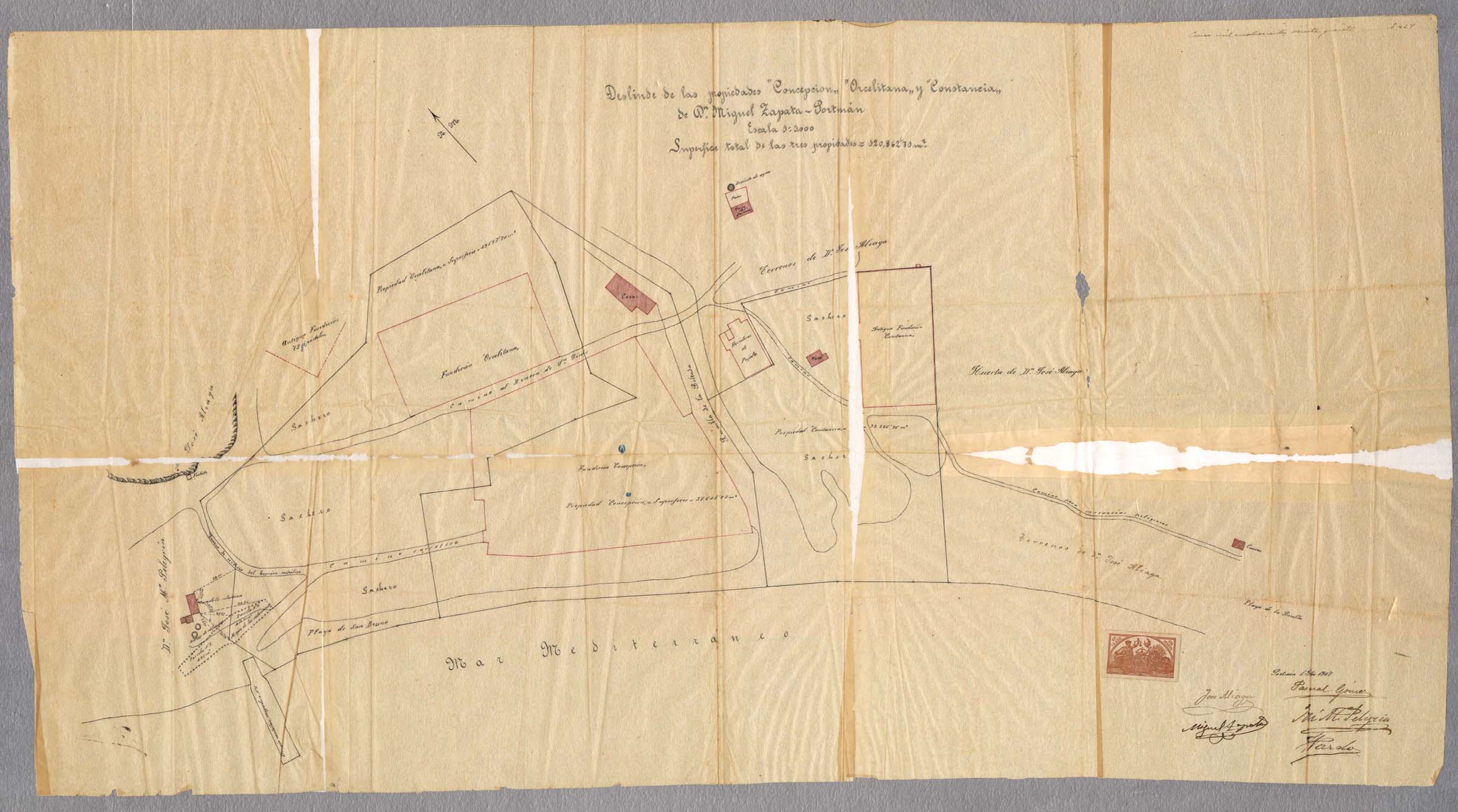Plano de deslinde de las propiedades mineras Concepción Orcelitana y Constancia, de Don Miguel Zapata Sáez.
