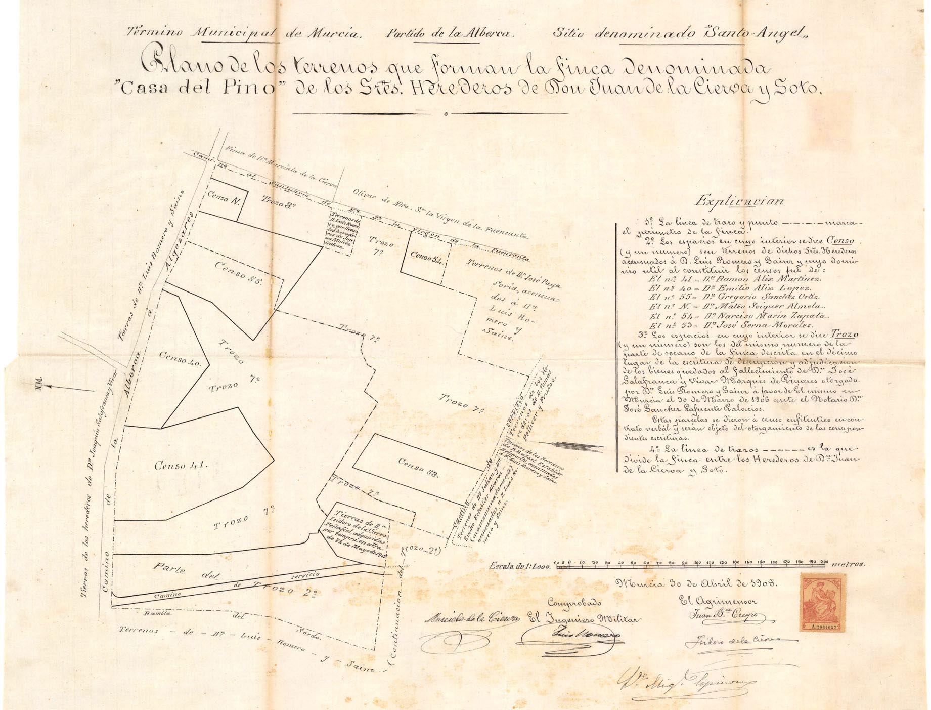 Plano de los terrenos que forman la finca denominada Casa del Pino de los Sres. herederos de don Juan de la Cierva y Soto.