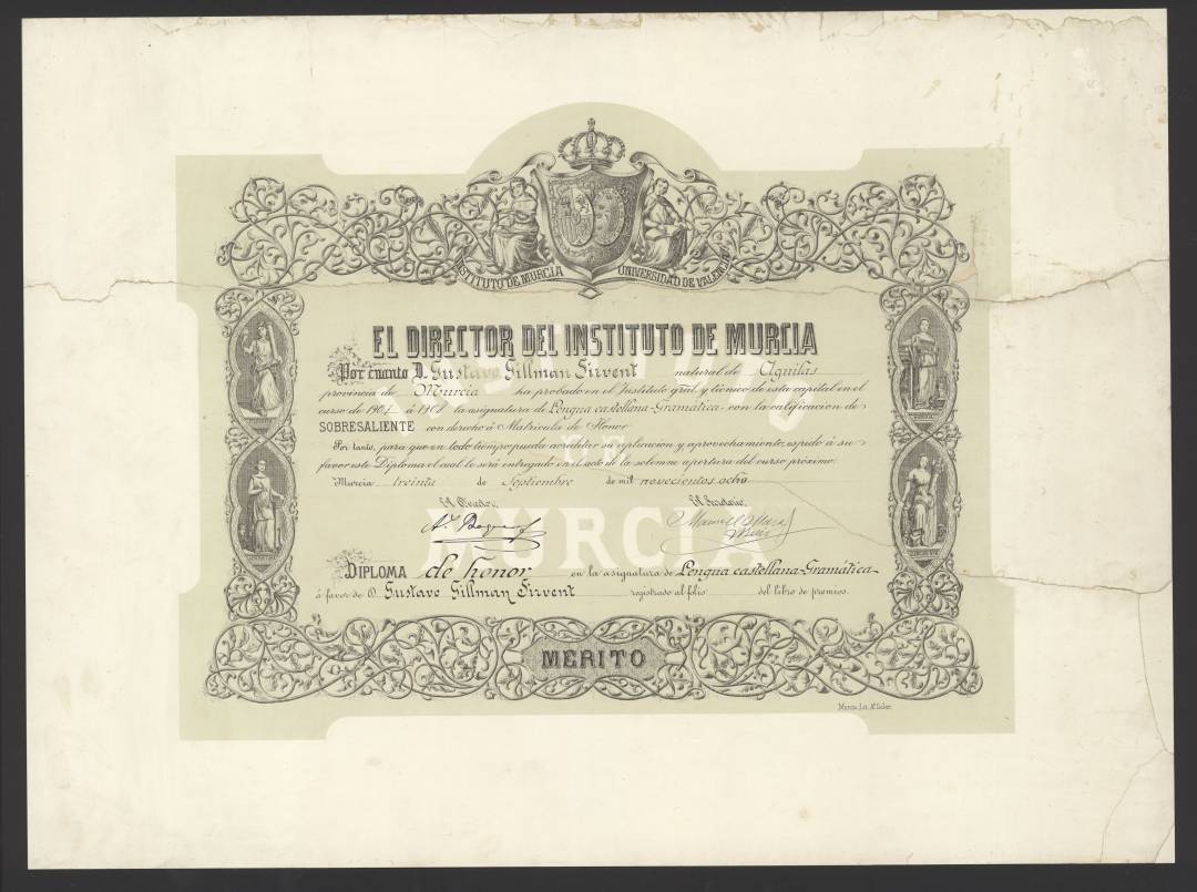 Diploma de honor en la asignatura de Lengua castellana-Gramática a favor de Gustavo Gillman Sirvent, expedido por el Instituto de Murcia.