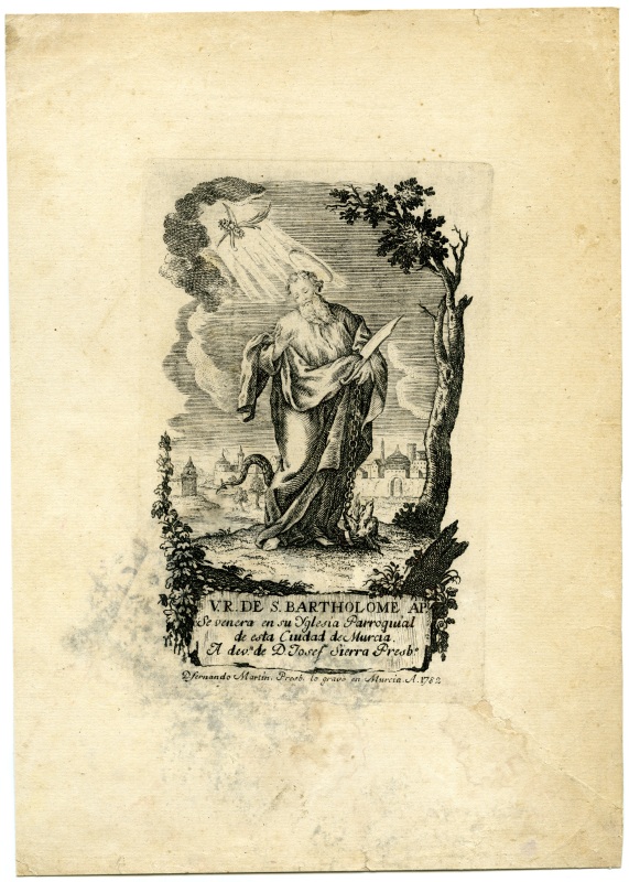 Grabado calcográfico con la imagen de San Bartolomé, titular de la iglesia parroquial de Murcia