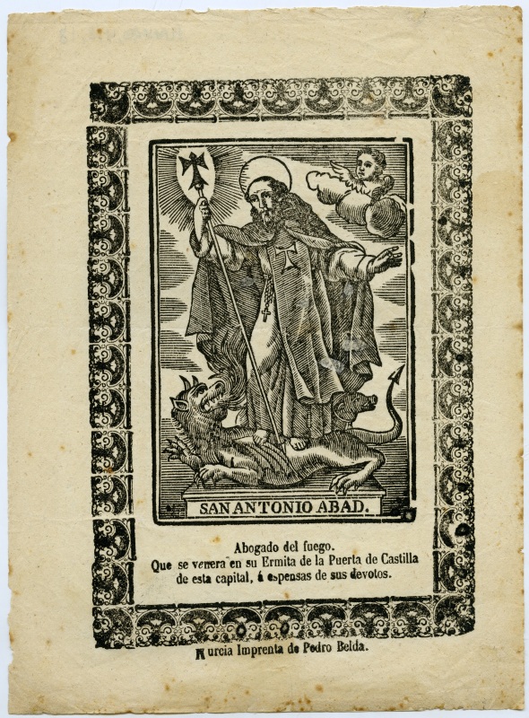 Xilografía con la imagen de San Antonio Abad, venerada en su ermita en la Puerta de Castilla de Murcia