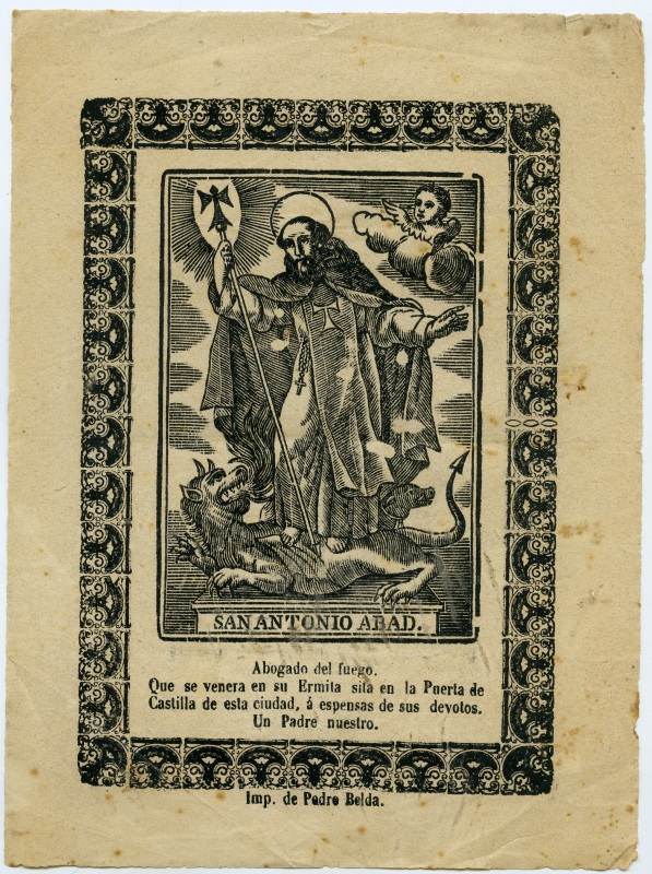Xilografía con la imagen de San Antonio Abad, venerada en su ermita en la Puerta de Castilla de Murcia