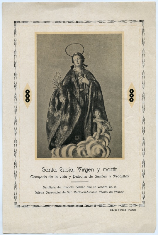Fotograbado con la imagen de Santa Lucía venerada en la iglesia parroquial de San Bartolomé de Murcia