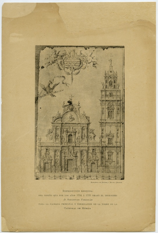 Fotograbado del diseño de la fachada y la torre de la catedral de Murcia realizado por Sebastián Feringán