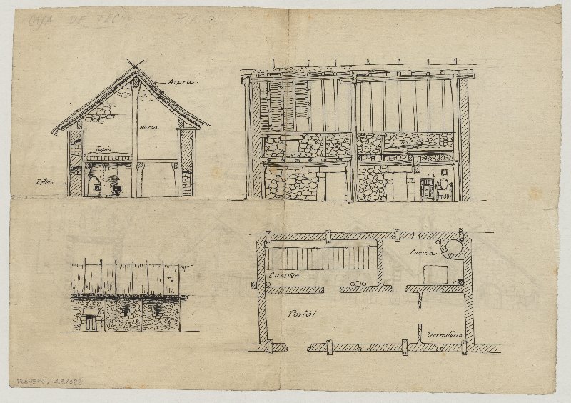 Dibujo con una sección, dos alzados y planta de una casa de techo en Riaño, de Manuel de Cárdenas