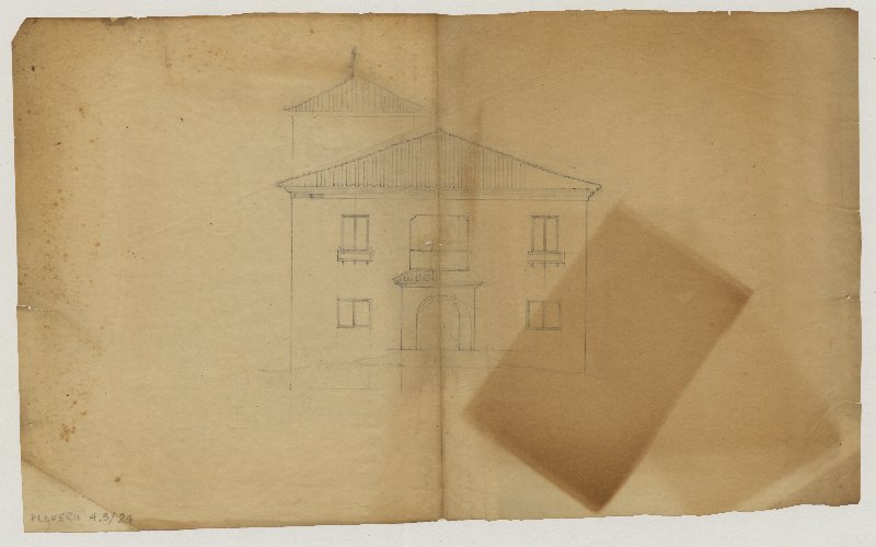 Dibujo de alzado de un edificio de dos plantas con torreón y tejado
