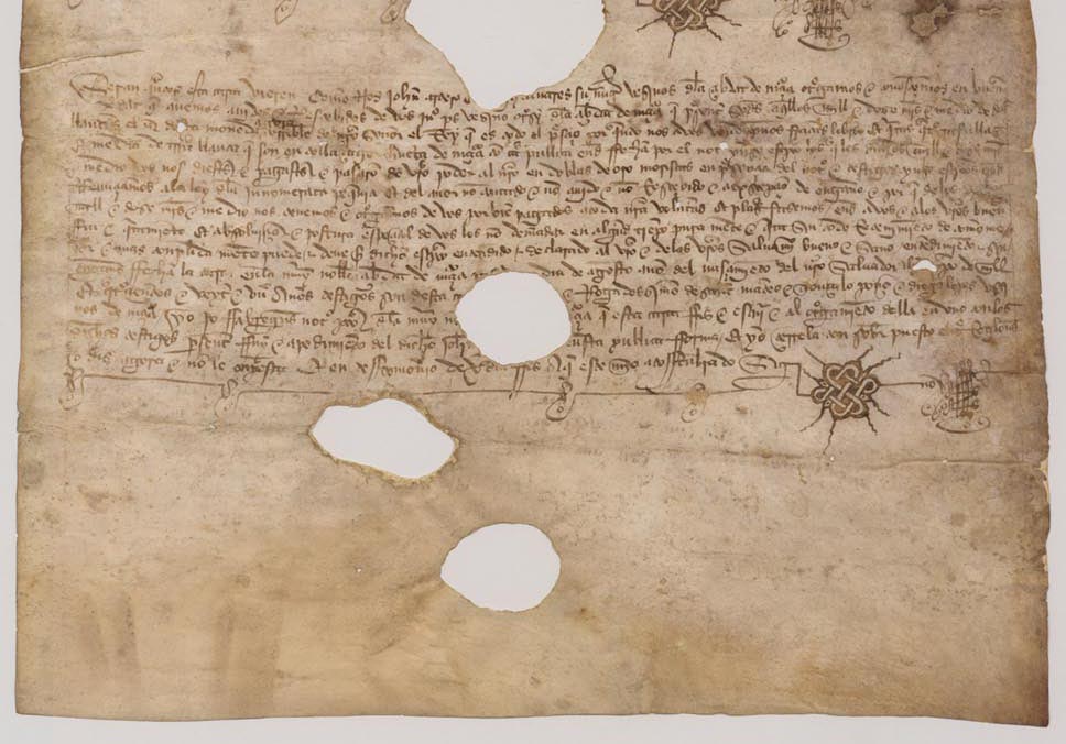Carta de pago de Juan Artero y Mari Álvarez a favor de Juan Pérez, de las cuatro tahúllas y media de tierra compradas en la huerta de Murcia.
