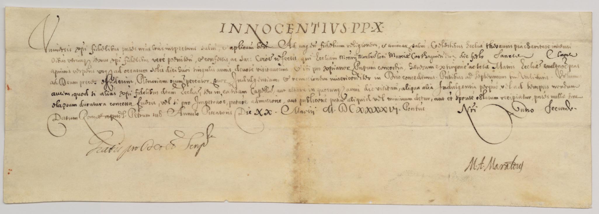 Breve de Inocencio X dirigido al Monasterio de Santa Clara de Murcia sobre las indulgencias concedidas.