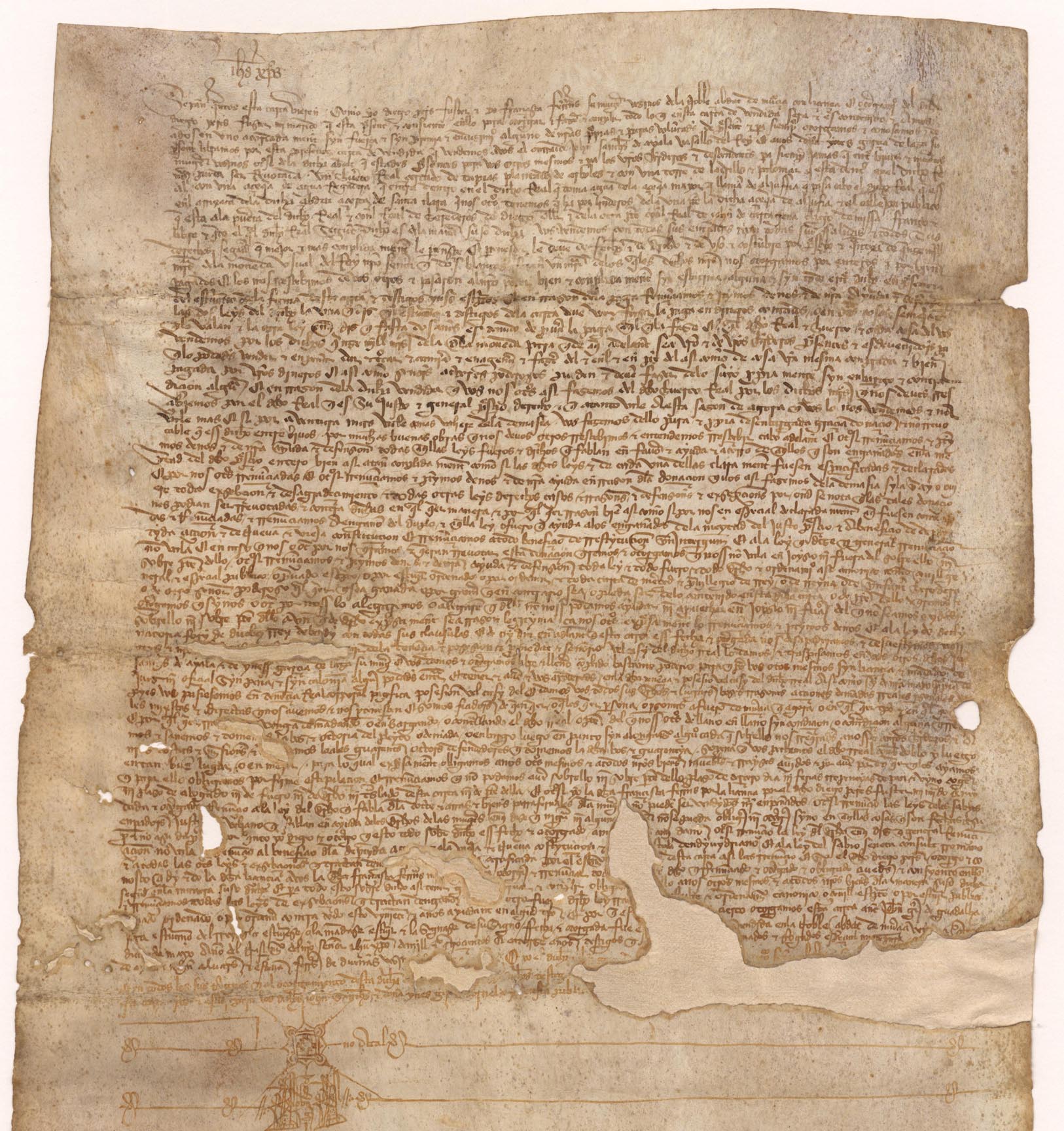 Carta de venta de Diego Pérez Fuster y Francisca Fernández a favor de Juan Sánchez de Ayala e Inés García de Laza de un huerto real cercado en la Arrixaca.