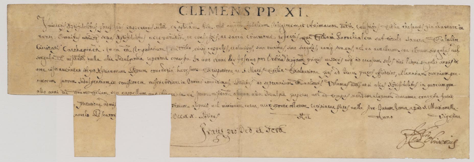 Breve de Clemente XI dirigido a la Parroquia de Santa Eulalia sobre las indulgencias concedidas.