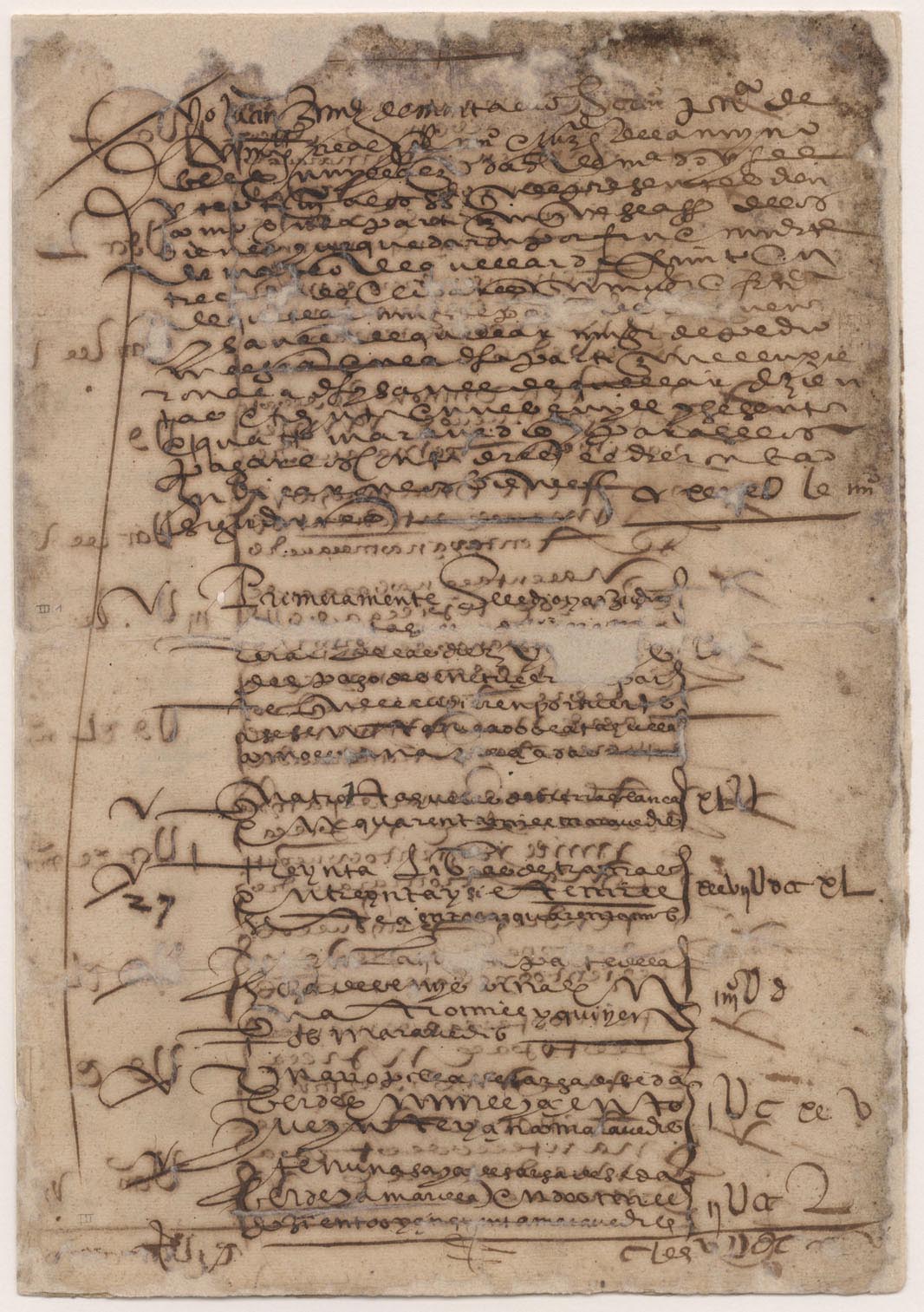 Testimonio notarial de la partición de los bienes de Mateo de Cuéllar entre Catalina de Olivares, su mujer, y sus hijas Francisca e Isabel de Cuéllar.