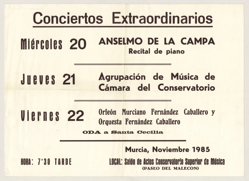 Cartel de Conciertos extraordinarios celebrados en el Conservatorio Superior de Música de Murcia.