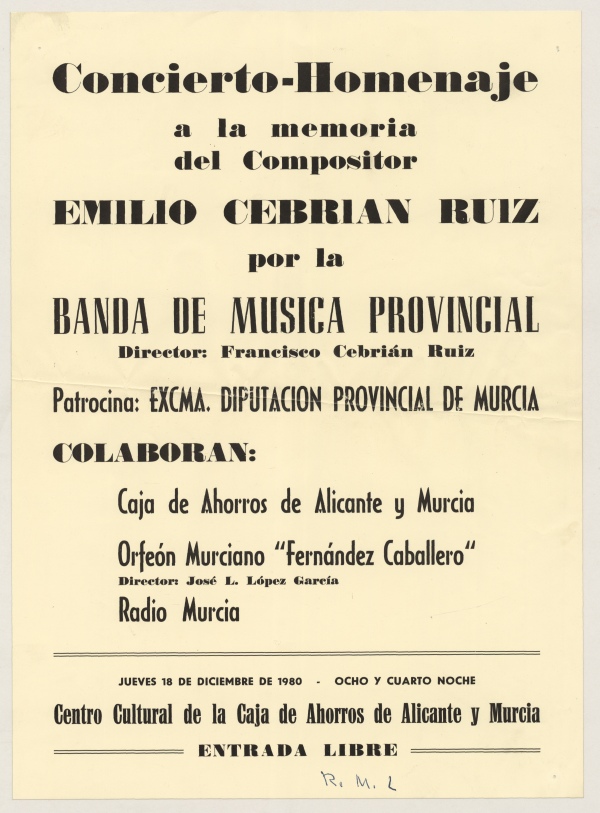 Cartel del Concierto Homenaje a la memoria del compositor Emilio Cebrián Ruiz.