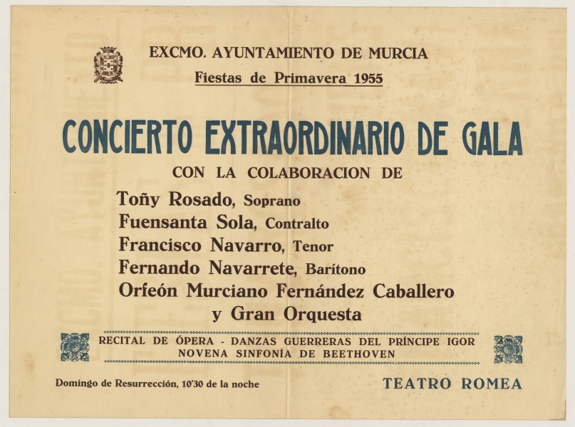 Cartel del Concierto Extraordinario de Gala celebrado en el Teatro Romea de Murcia.
