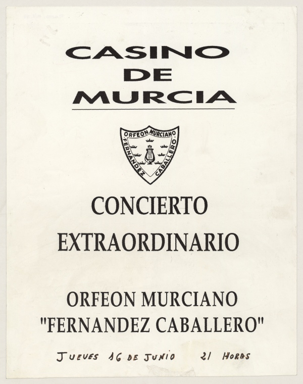 Cartel del Concierto Extraordinario del Orfeón Murciano Fernández Caballero celebrado en el Casino de Murcia.