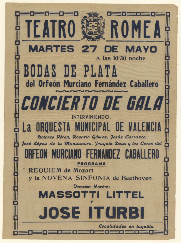 Cartel del Concierto de Gala del Orfeón Murciano Fernández Caballero celebrado en el Teatro Romea de Murcia con motivo de la celebración de sus bodas de plata.