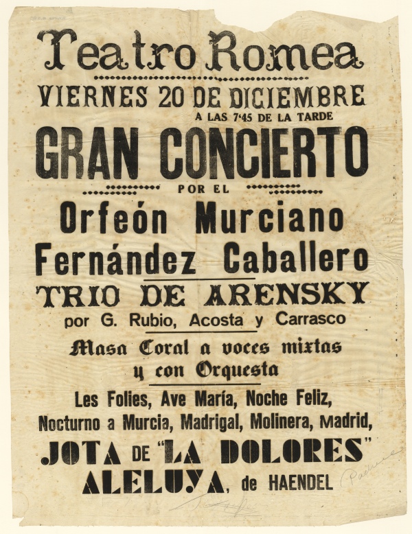 Cartel del Concierto del Orfeón Murciano Fernández Caballero celebrado en el Teatro Romea de Murcia.