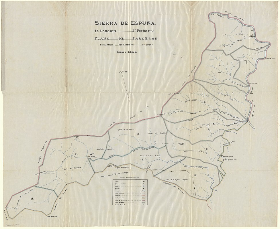 Plano de parcelas de Sierra Espuña, 1ª porción: Cuenca del Río Espuña y de la Rambla de los Molinos, 5º perímetro: Estrecho y Hoya