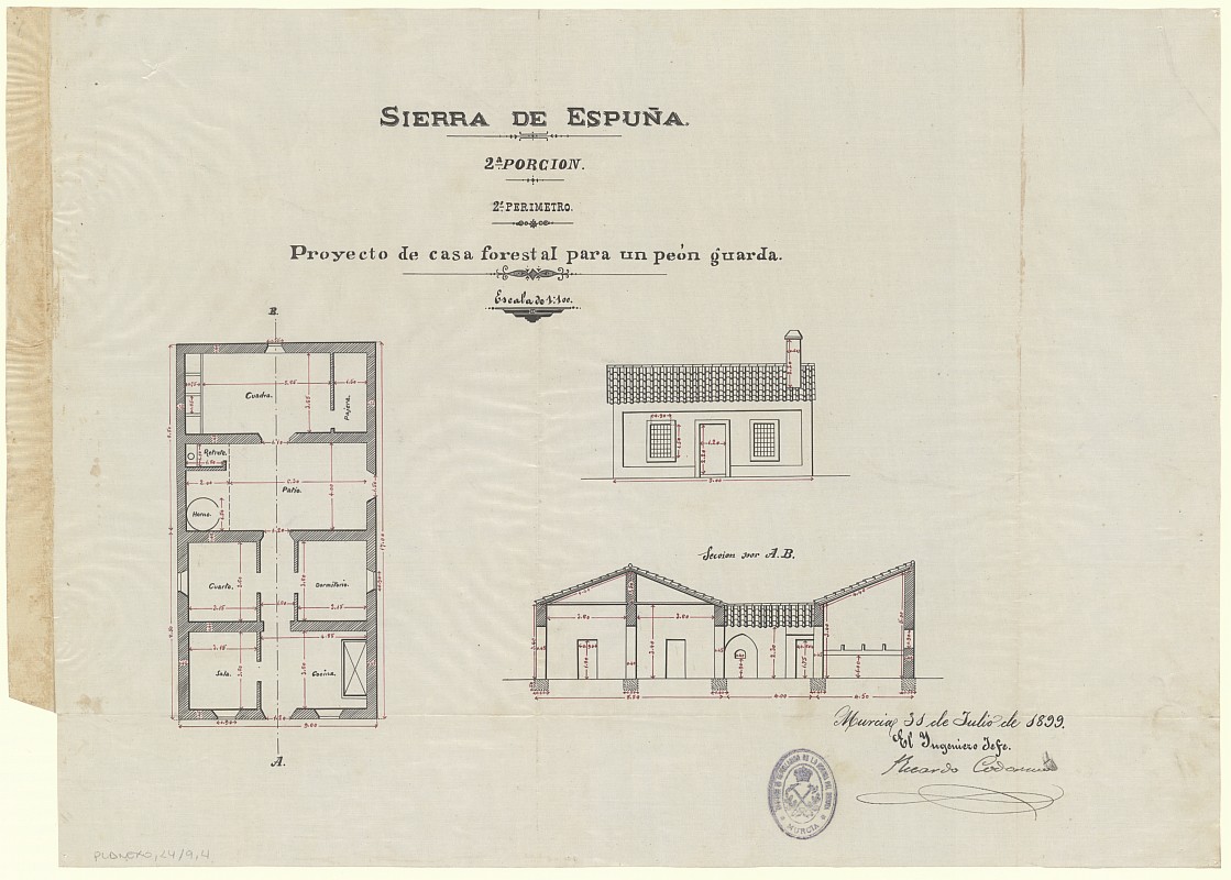 Plano de un proyecto de casa forestal para un péon guarda en la Sierra de Espuña. 2ª porción, Cuenca de la Rambla de Totana. 2º perímetro, Cuenca de la Santa.