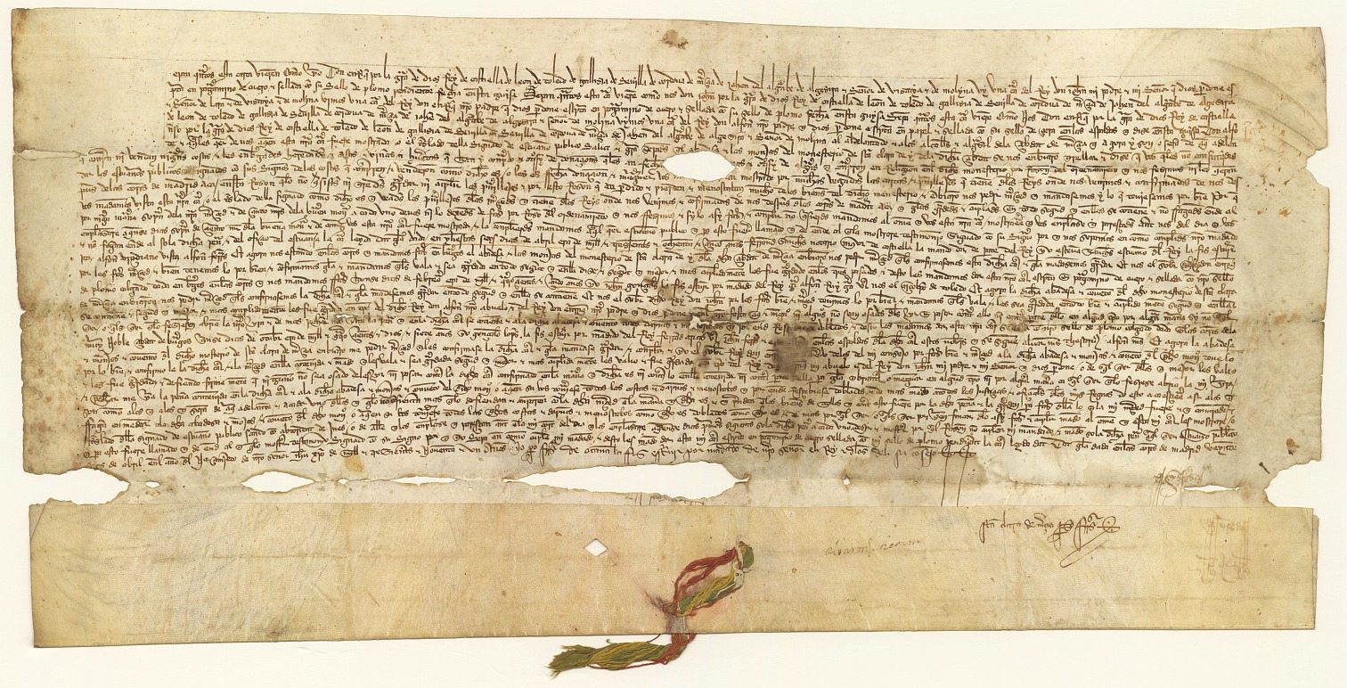 Carta de confirmación de Enrique III del privilegio dado por Alfonso XI al Monasterio de Santa Clara de Murcia  para que los adelantados, alcaldes y alguaciles de la ciudad de Murcia no les vendiesen ni embargasen sus propiedades.