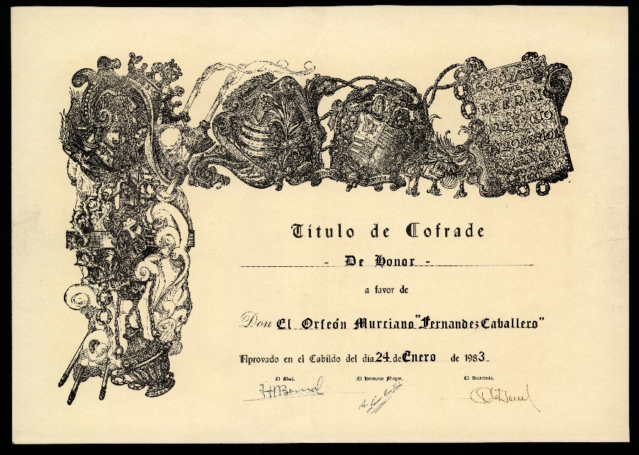 Título de Cofrade de Honor a favor del Orfeón Murciano Fernández Caballero concedido por la Cofradía del Santísimo Cristo del Refugio de Murcia.