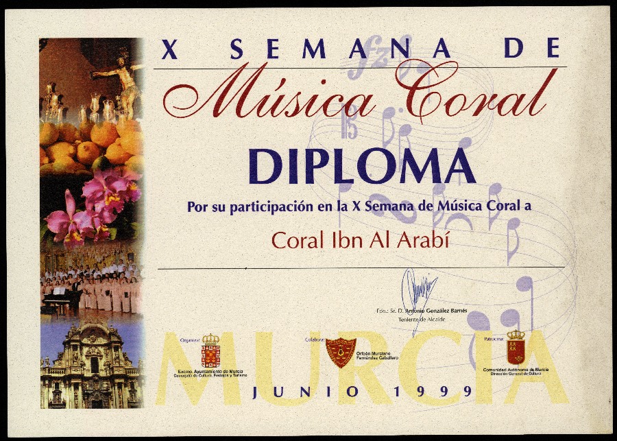 Diploma concedido a la Coral Ibn al-Arabí por su participación en la X Semana de Música Coral en Murcia.