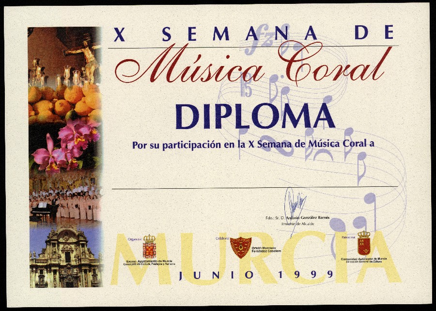 Diplomas sin cumplimentar de la X Semana de Música Coral en Murcia.