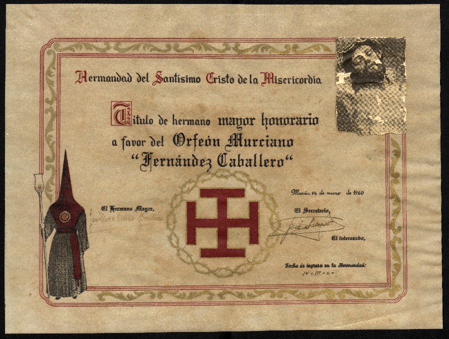 Título de Hermano Mayor Honorario a favor del Orfeón Murciano Fernández Caballero concedido por la Hermandad del Santísimo Cristo de la Misericordia de Murcia.