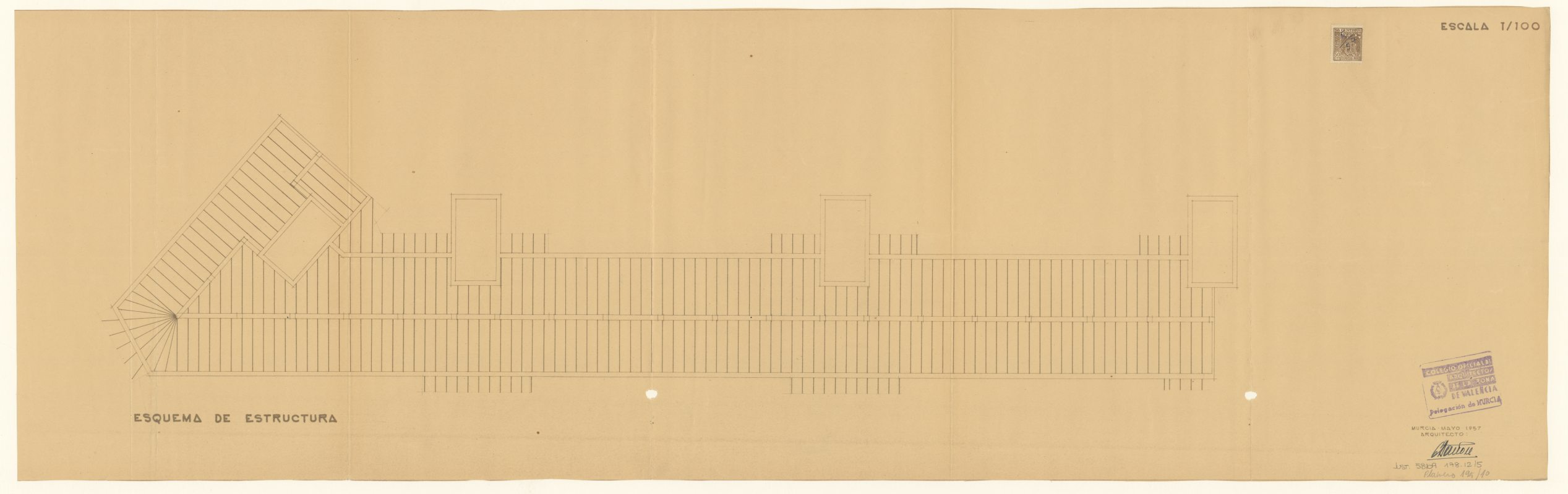 Plano de esquema de estructuras de edificio de viviendas de Gran Vía en Caravaca de la Cruz. Arquitecto Eugenio Bañón. Escala 1:100. Año 1957.