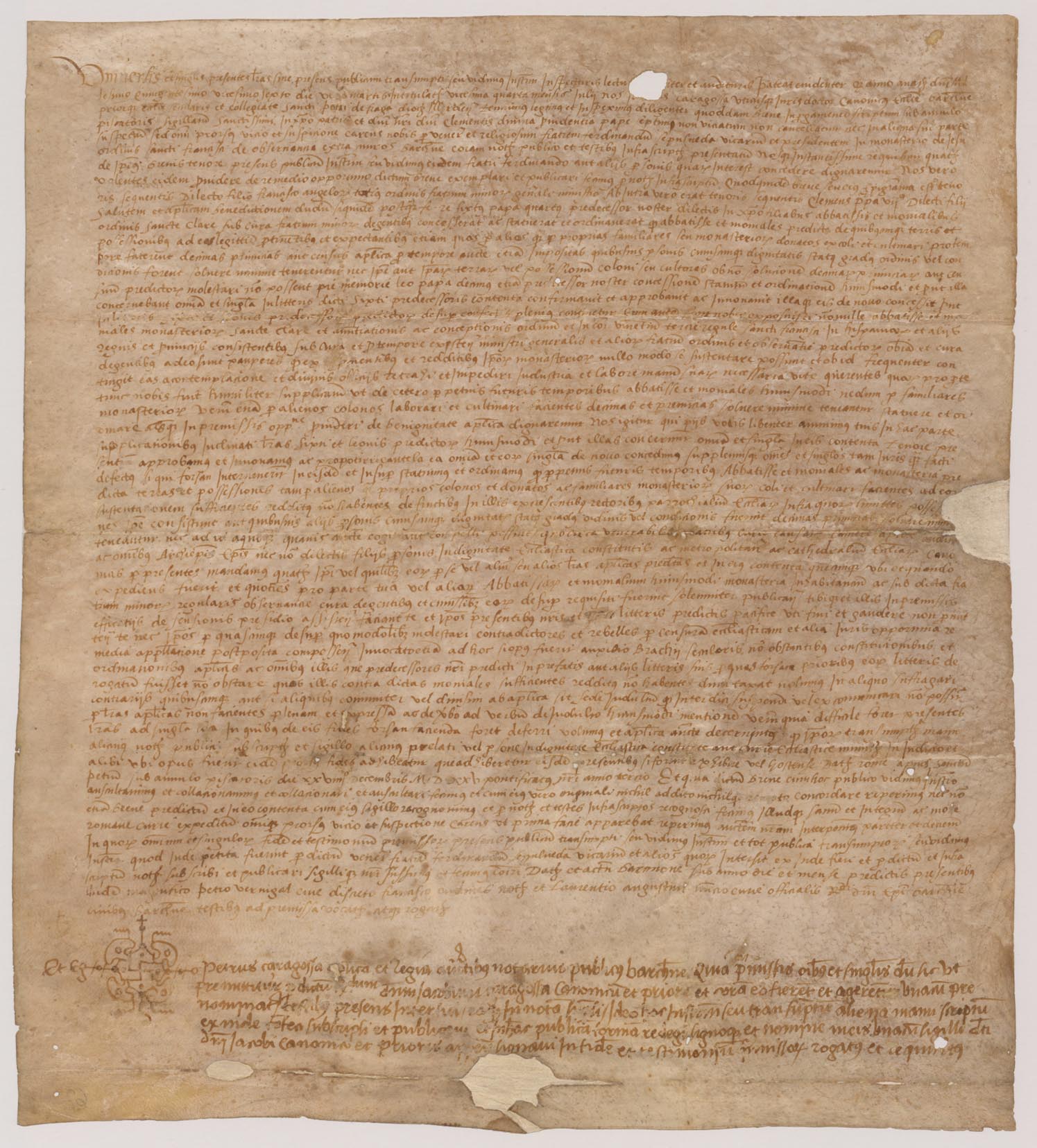 Traslado notarial de un breve de Clemente VII  en el que confirma privilegios a la 1ª y 2ª Orden de San Francisco y fechado el 29 de diciembre de 1525.