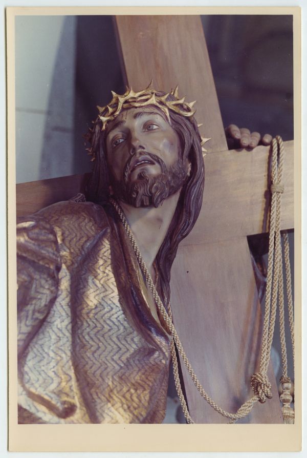 Detalle del rostro de Jesús del conjunto escultórico de las Hijas de Jerusalem, obra de Juan González Moreno