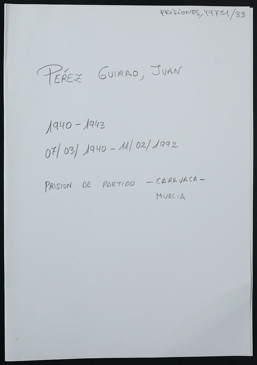 Expediente personal del recluso Juan Pérez Guirao