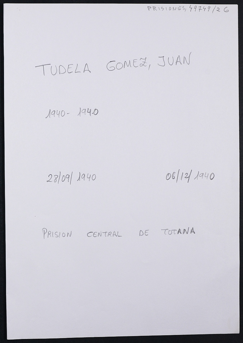 Expediente personal del recluso Juan Tudela Gómez
