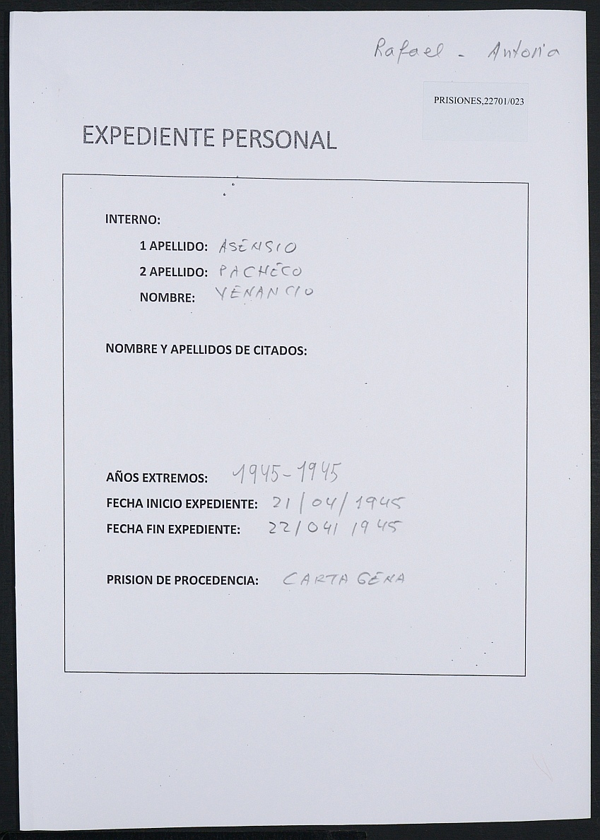 Expediente personal del recluso Venancio Asensio Pacheco.
