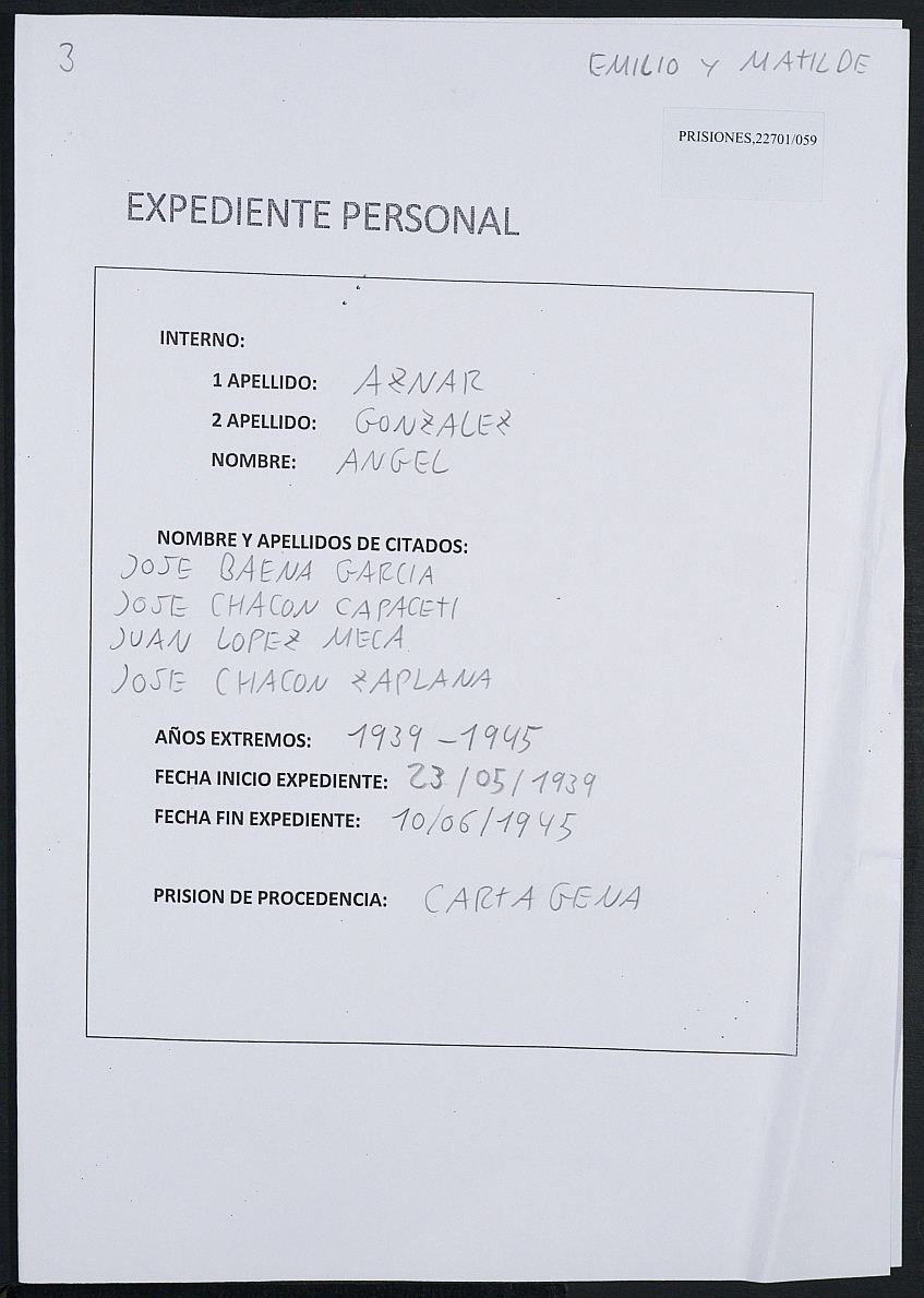 Expediente personal del recluso Ángel Aznar González.