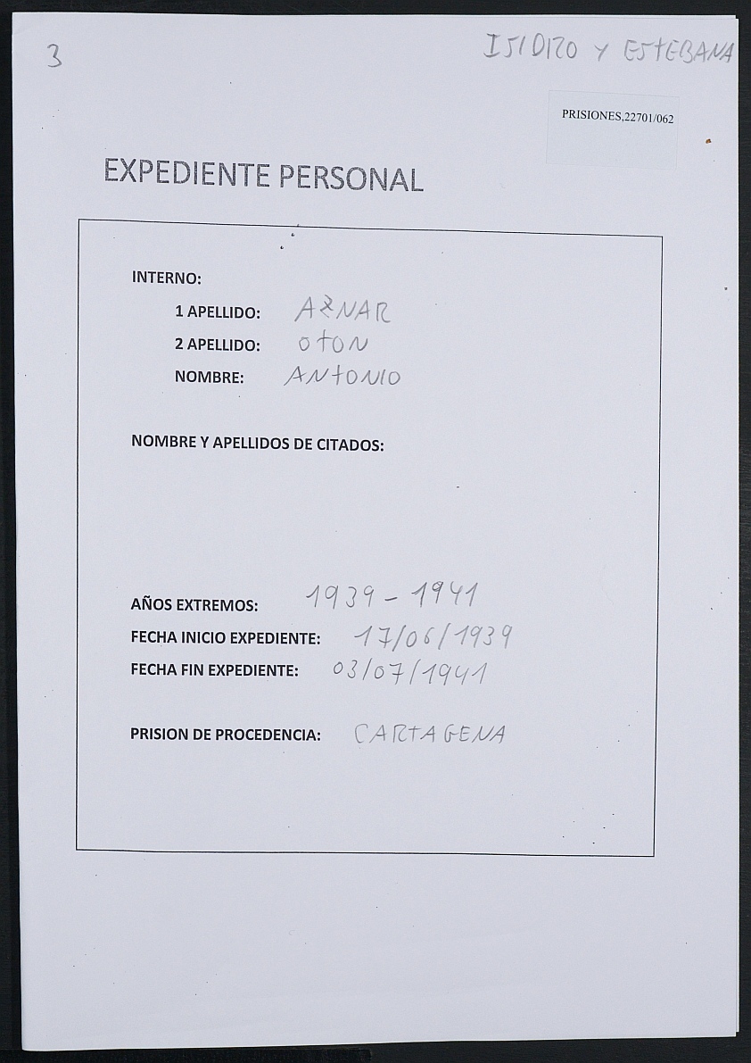 Expediente personal del recluso Antonio Aznar Otón.