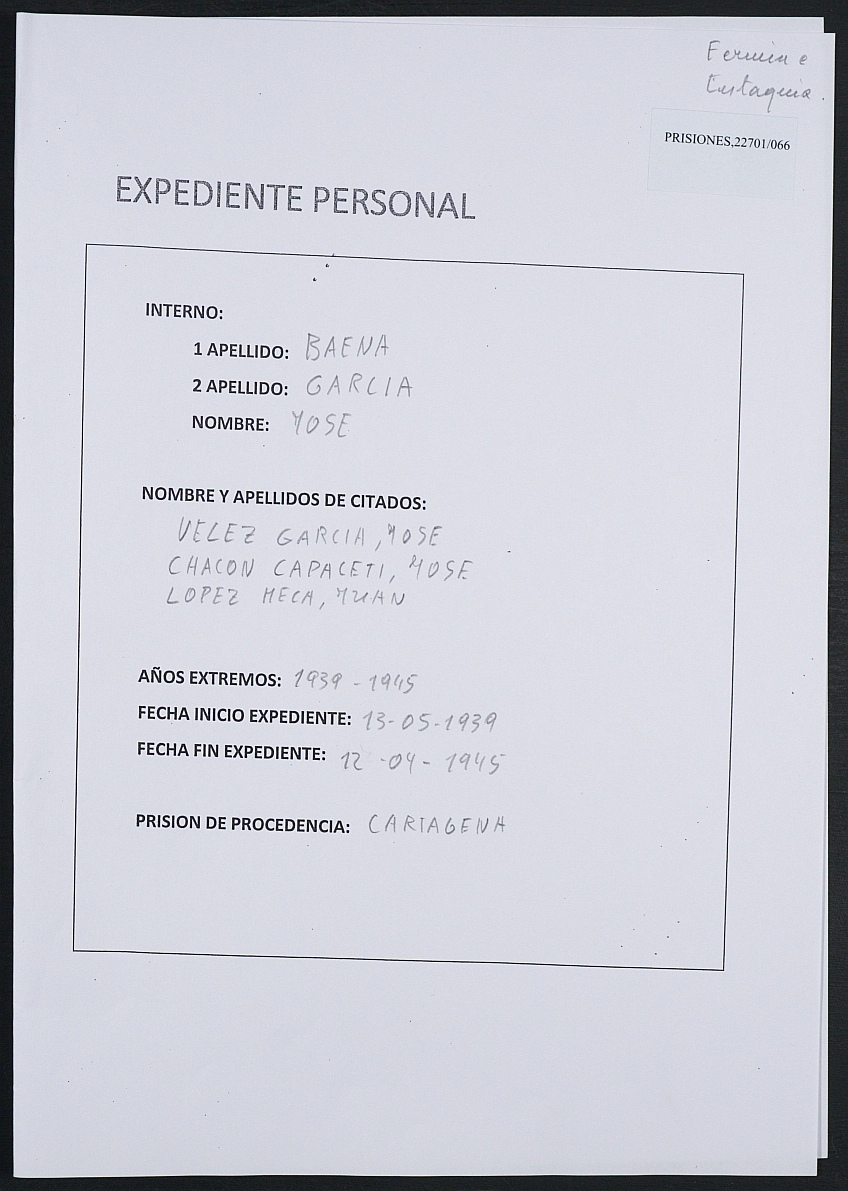 Expediente personal del recluso José Baena García.