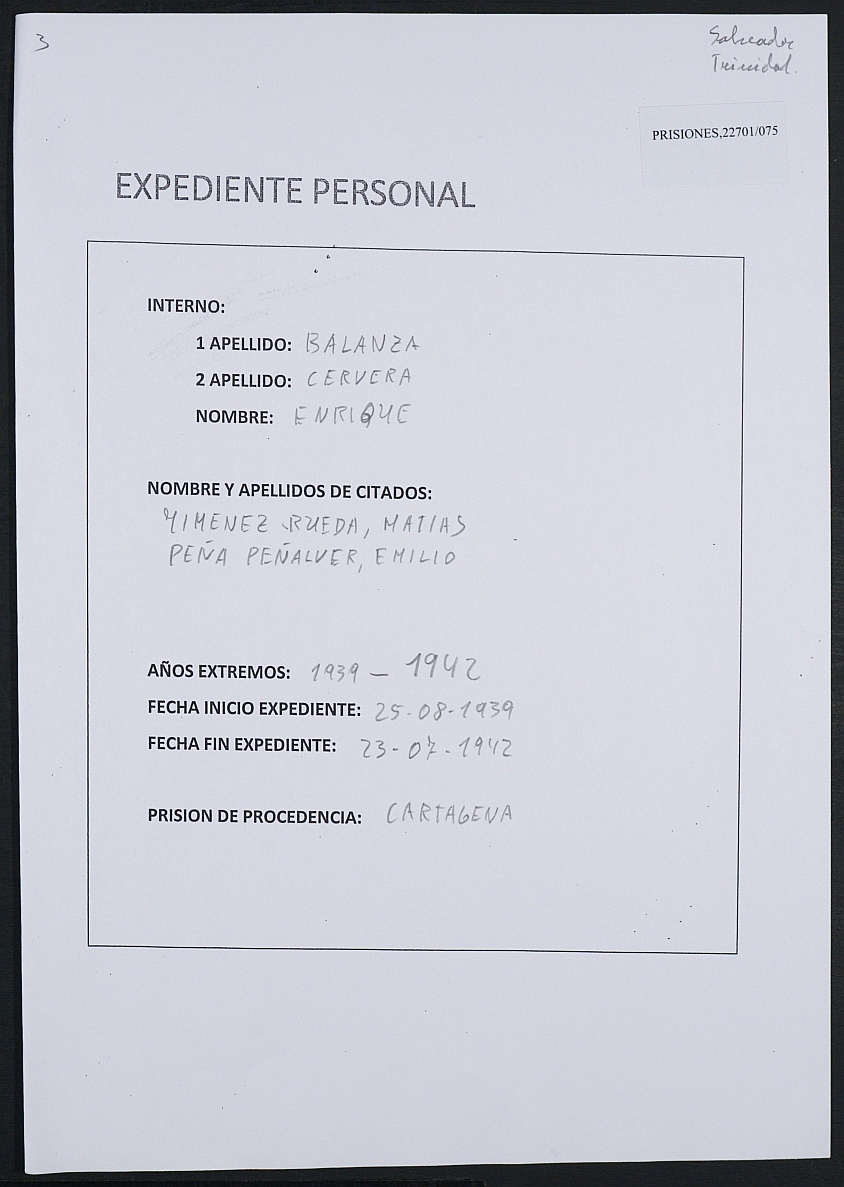 Expediente personal del recluso Enrique Balanza Cervera.