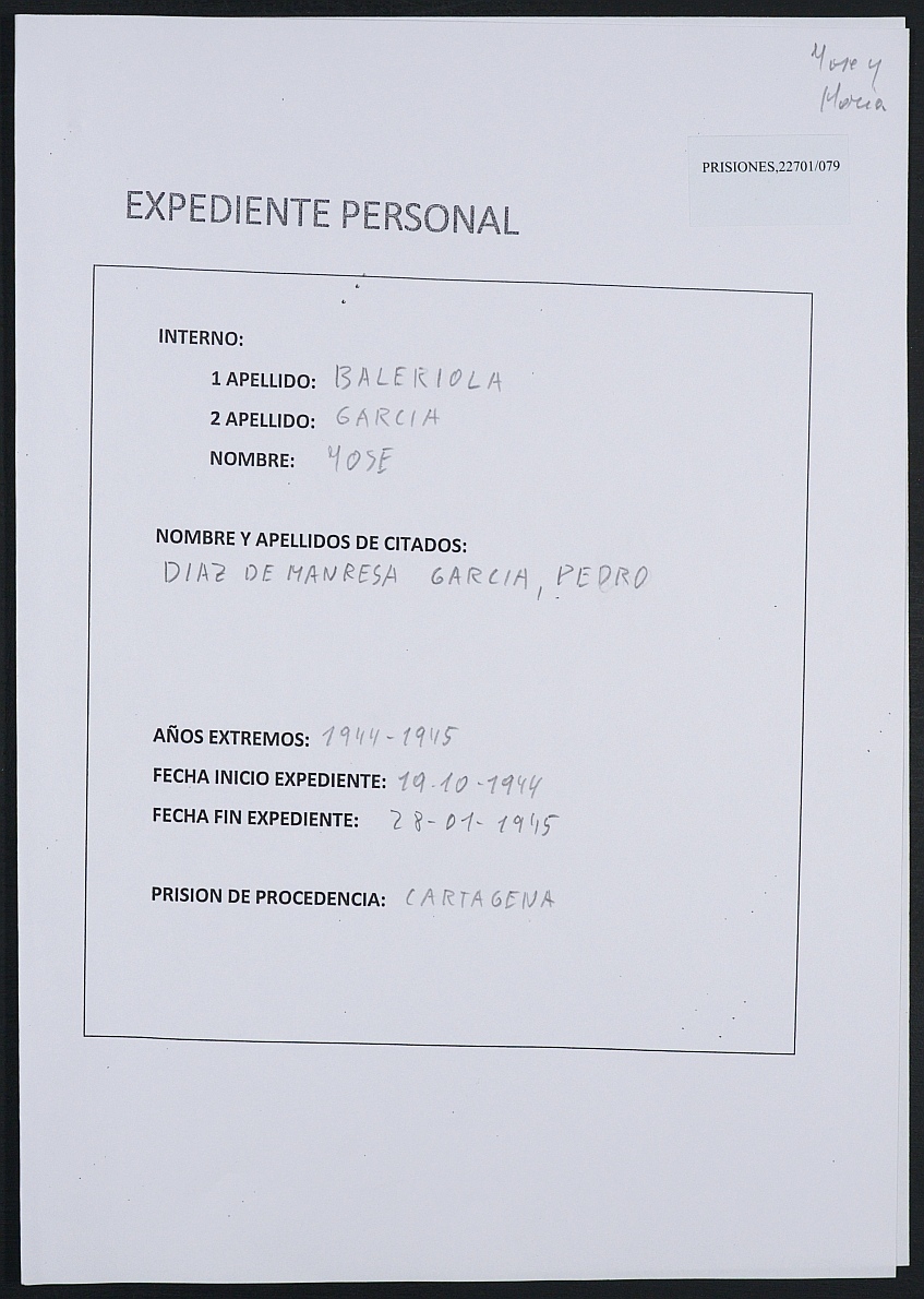 Expediente personal del recluso José Baleriola García.